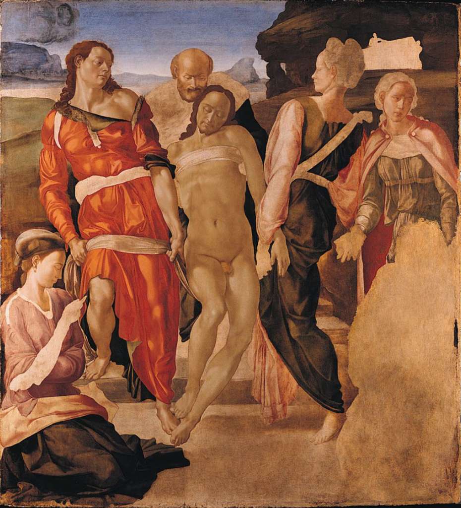 London National Gallery Top 20 07 Michelangelo - The Entombment Michelangelo - The Entombment 1500-1, 162 x 150 cm. Michelangelo abandoned this painting when he left for Florence in the spring of 1501. The theme of Christs body being lifted up, prior to being carried to the tomb, is combined with the motif of the dead Christ presented to the viewer for pious meditation. Even at this late stage, however, Michelangelo still omits the wounds in Christs hands, feet and side. Christ is supported on the left by the long haired St. John the Evangelist in his canonical red gown. The others are probably Nicodemus, and Joseph of Arimathaea who gave up his tomb for Jesus. The figure kneeling below St. John is probably Mary Magdalene, who is shown meditating on the crown of thorns and the nails of the Crucifixion. The woman at the back right is a Holy Woman (Mary Salome). The missing figure on the lower right was to be the Virgin Mary mourning her son.